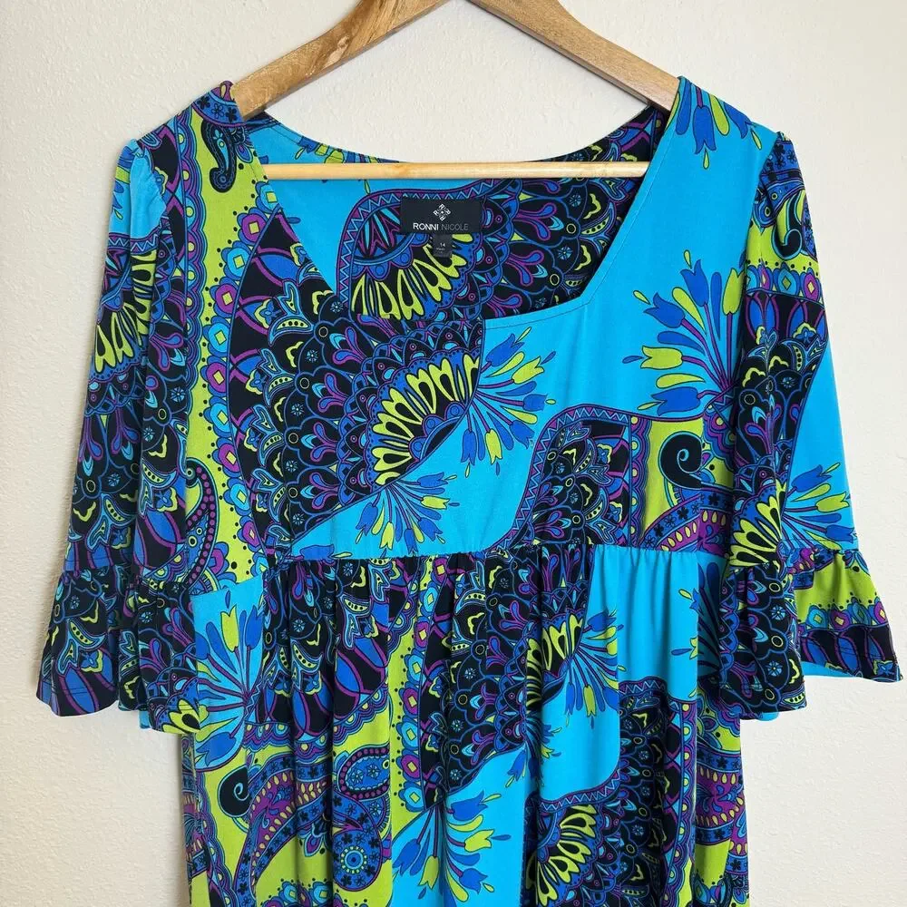 Ronni Nicole Retro Midi Dress Women’s Plus Size 14 Paisley Slinky Boho Babydoll